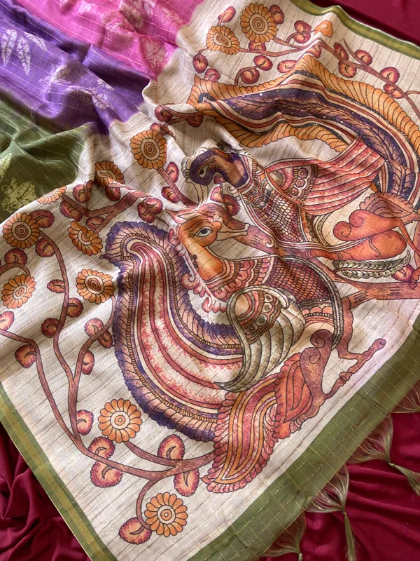 Soft_Semi_Tussar_Silk_sarees_with_Beautiful_Digital_Print_With_Attractive_Border_And_Contrast_Print_Blouse_With_Tassels