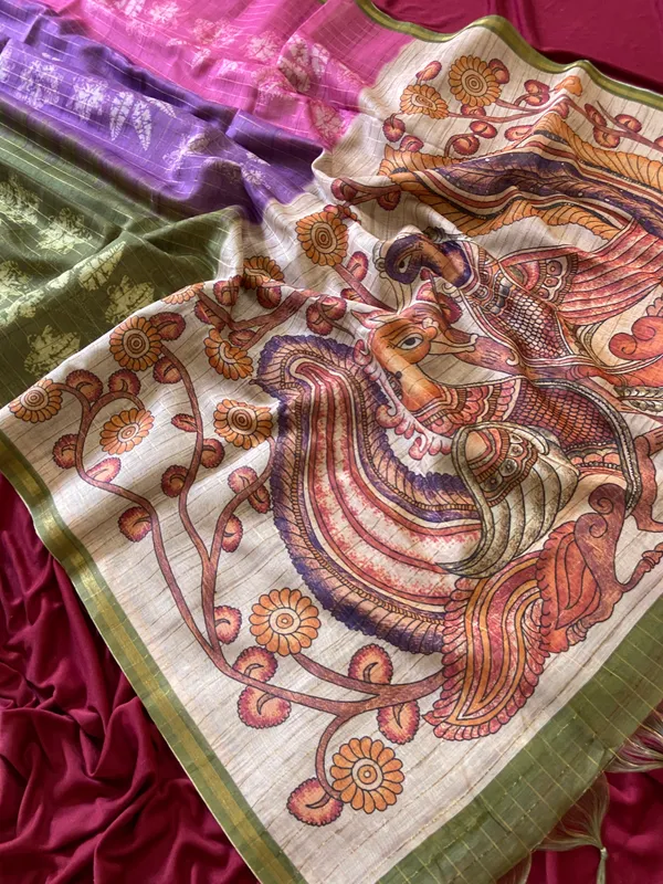 Soft_Semi_Tussar_Silk_sarees_with_Beautiful_Digital_Print_With_Attractive_Border_And_Contrast_Print_Blouse_With_Tassels