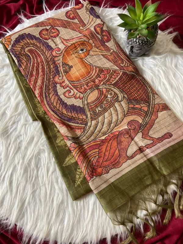 Soft_Semi_Tussar_Silk_sarees_with_Beautiful_Digital_Print_With_Attractive_Border_And_Contrast_Print_Blouse_With_Tassels