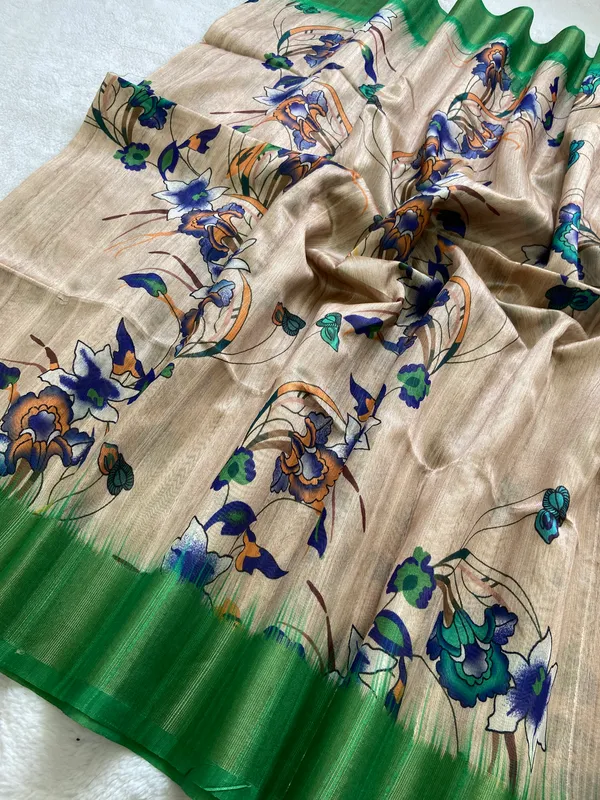Soft_Tussar_Silk_sarees_with_BeautifulDigital_Print_With_Attractive_Pallu_&_Zari_Border_And_Contrast__Digital_Print_Blouse_With_Tassels
