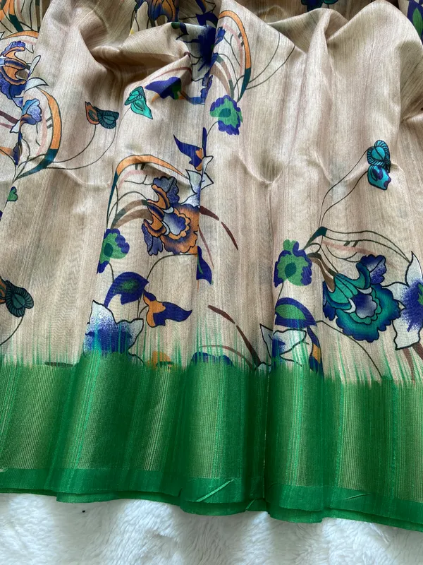 Soft_Tussar_Silk_sarees_with_BeautifulDigital_Print_With_Attractive_Pallu_&_Zari_Border_And_Contrast__Digital_Print_Blouse_With_Tassels