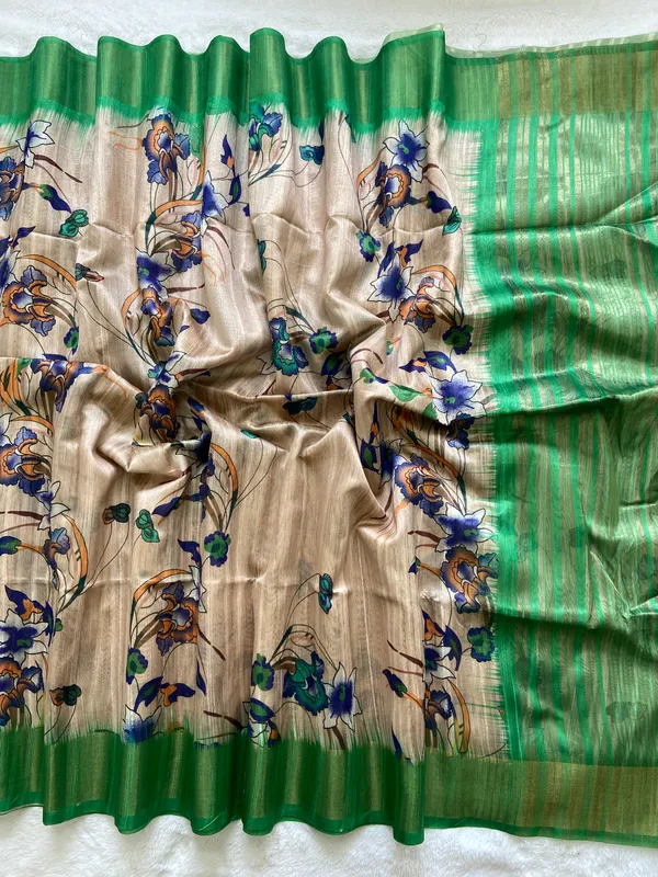 Soft_Tussar_Silk_sarees_with_BeautifulDigital_Print_With_Attractive_Pallu_&_Zari_Border_And_Contrast__Digital_Print_Blouse_With_Tassels
