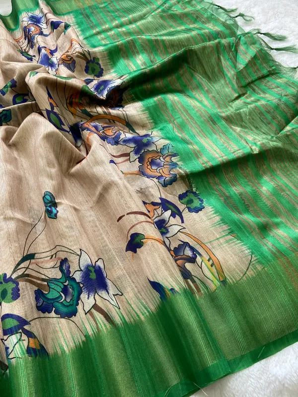 Soft_Tussar_Silk_sarees_with_BeautifulDigital_Print_With_Attractive_Pallu_&_Zari_Border_And_Contrast__Digital_Print_Blouse_With_Tassels