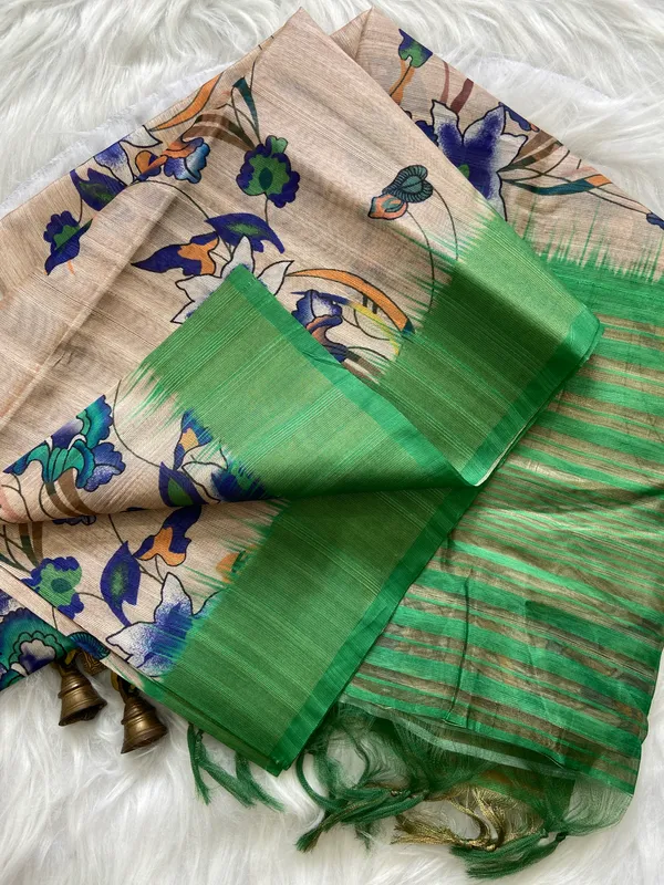 Soft_Tussar_Silk_sarees_with_BeautifulDigital_Print_With_Attractive_Pallu_&_Zari_Border_And_Contrast__Digital_Print_Blouse_With_Tassels