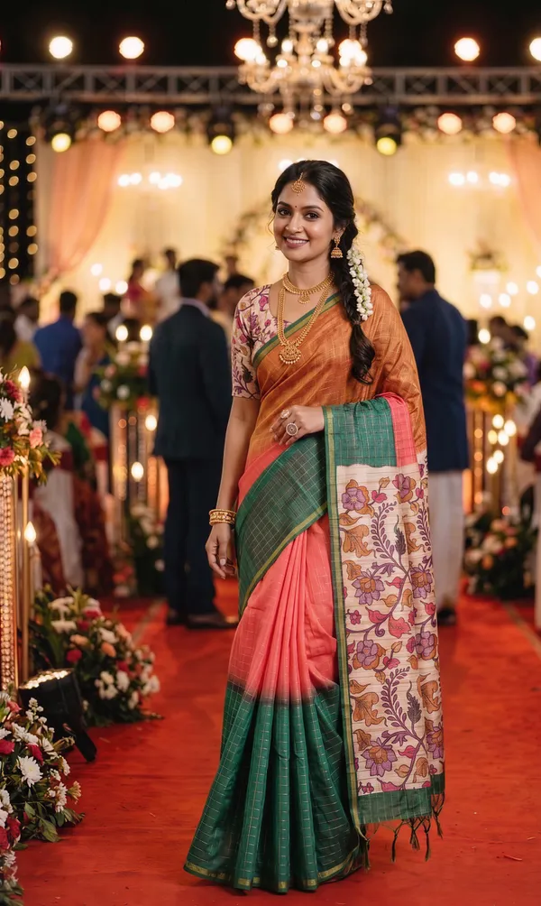 Nabia_Green_–_Navratri_Special_|_Soft_Semi_Tussar_Silk_Saree_with_Digital_Print,_Border_&_Contrast_Print_Blouse_with_Tassels