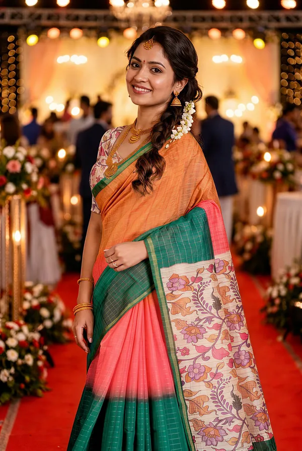 Nabia_Green_–_Navratri_Special_|_Soft_Semi_Tussar_Silk_Saree_with_Digital_Print,_Border_&_Contrast_Print_Blouse_with_Tassels
