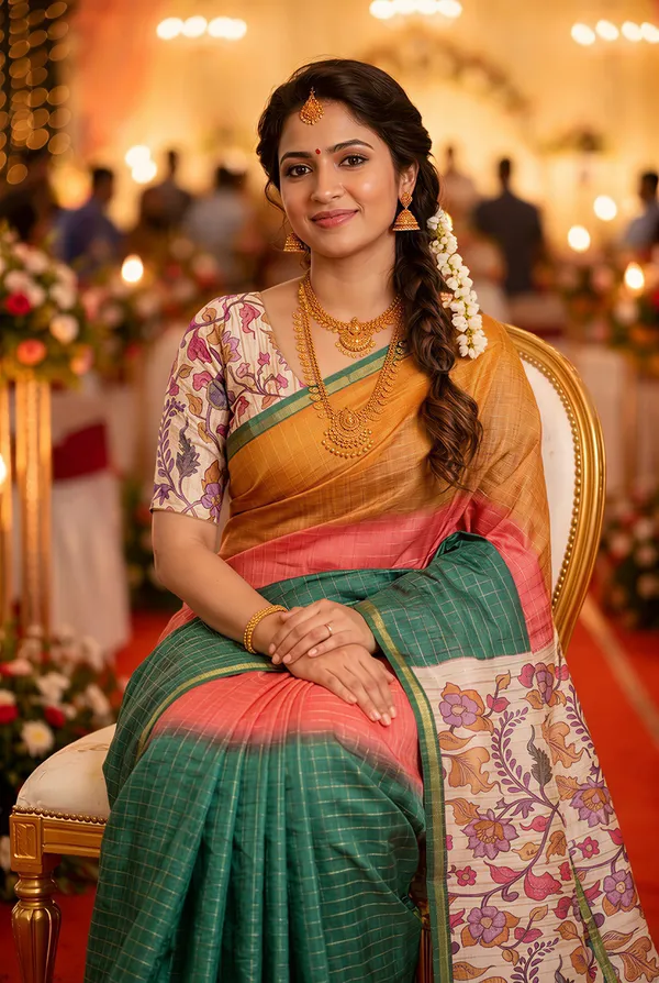 Nabia_Green_–_Navratri_Special_|_Soft_Semi_Tussar_Silk_Saree_with_Digital_Print,_Border_&_Contrast_Print_Blouse_with_Tassels
