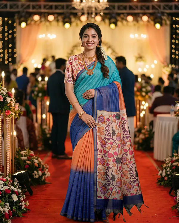 Nabia_Blue_–_Navratri_Special_|_Soft_Semi_Tussar_Silk_Saree_with_Digital_Print,_Border_&_Contrast_Print_Blouse_with_Tassels