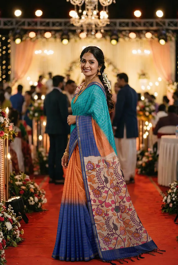 Nabia_Blue_–_Navratri_Special_|_Soft_Semi_Tussar_Silk_Saree_with_Digital_Print,_Border_&_Contrast_Print_Blouse_with_Tassels