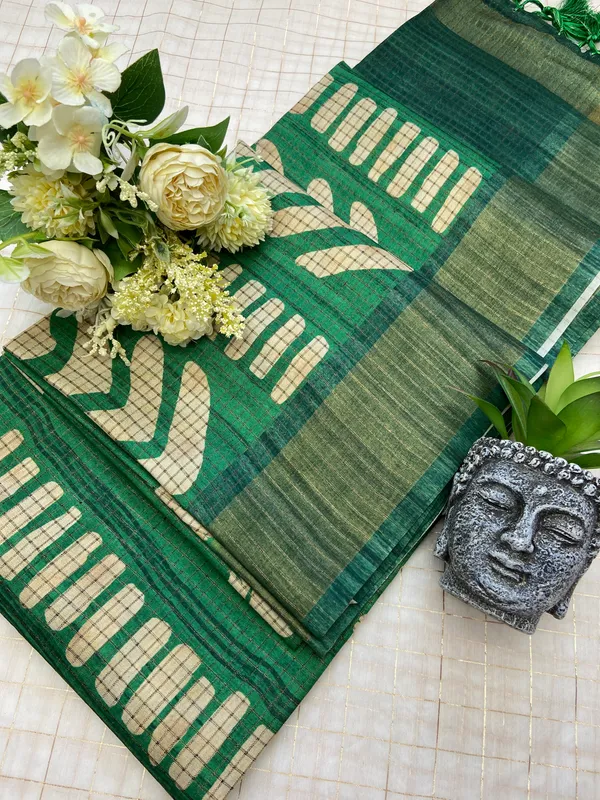 Kanika_Green_–_Checks_Design_Aesthetic_Edit_for_You_|_Soft_Tussar_Silk_Saree_with_Digital_Print,_Checks_Design_Saree_&_Digital_Print_Blouse