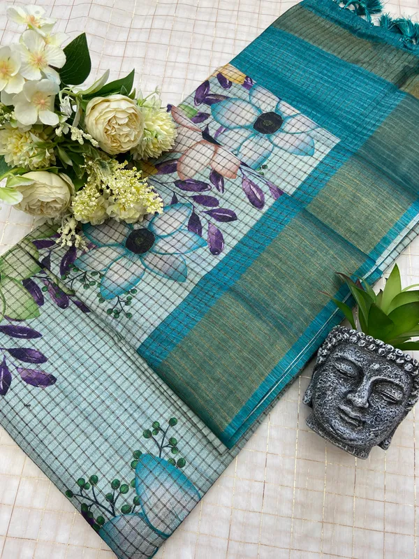 Soft_Tussar_Silk_sarees_with_Beautiful_Digital_Print_With_Attractive_Checks_Design_Saree_And_Digital_Print_Blouse_With_Tassels