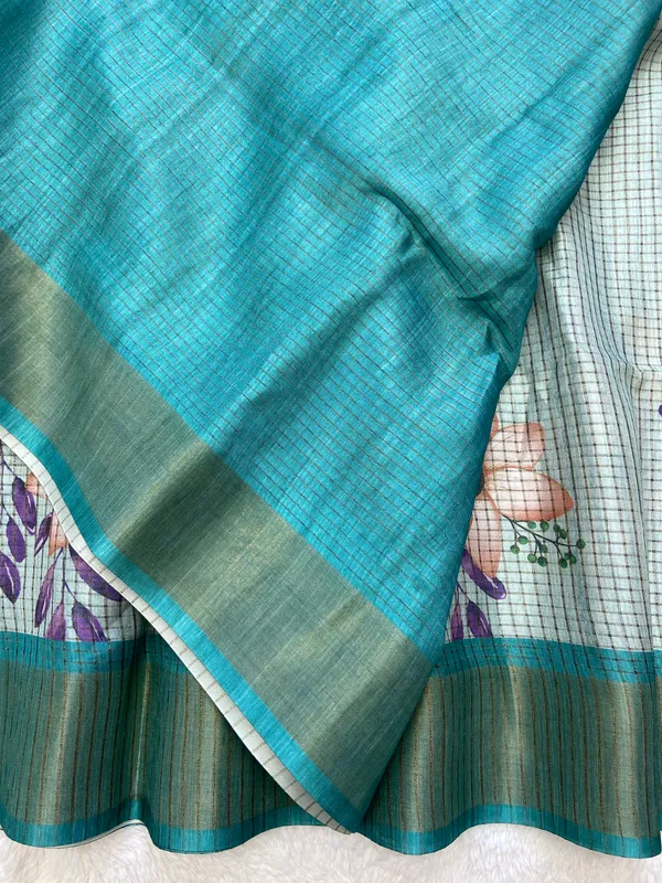 Soft_Tussar_Silk_sarees_with_Beautiful_Digital_Print_With_Attractive_Checks_Design_Saree_And_Digital_Print_Blouse_With_Tassels
