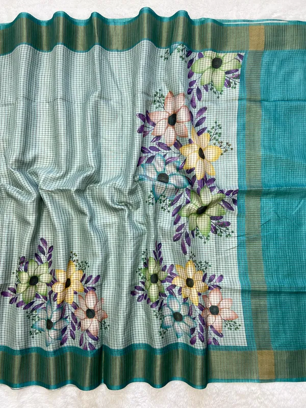 Soft_Tussar_Silk_sarees_with_Beautiful_Digital_Print_With_Attractive_Checks_Design_Saree_And_Digital_Print_Blouse_With_Tassels