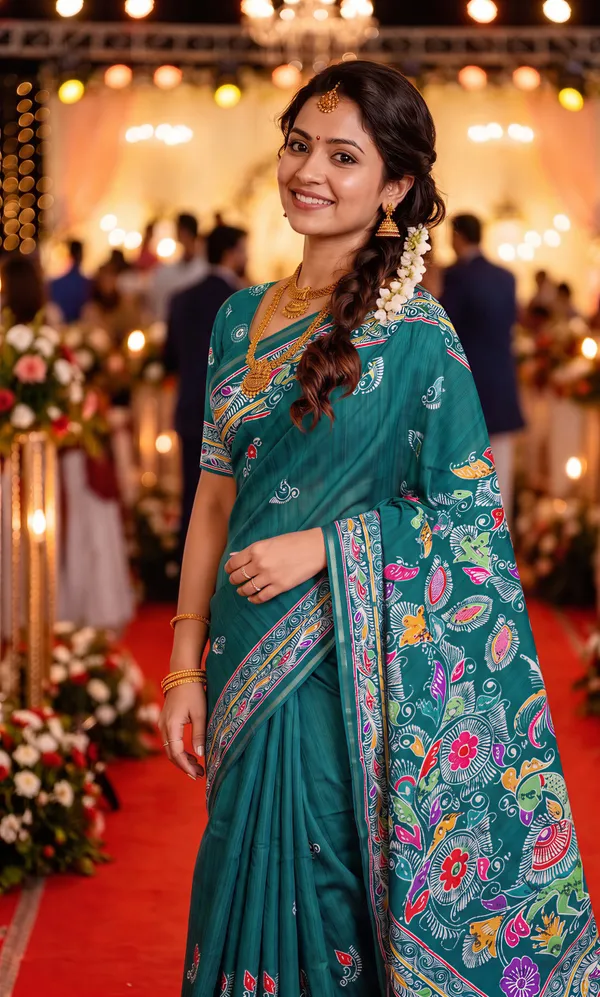 Diya_Rama_Green_–_Lamp_Lit_Diwali_Special_|_Soft_Tussar_Silk_Saree_with_Digital_Print,_Border_&_Contrast_Print_Blouse_with_Tassels