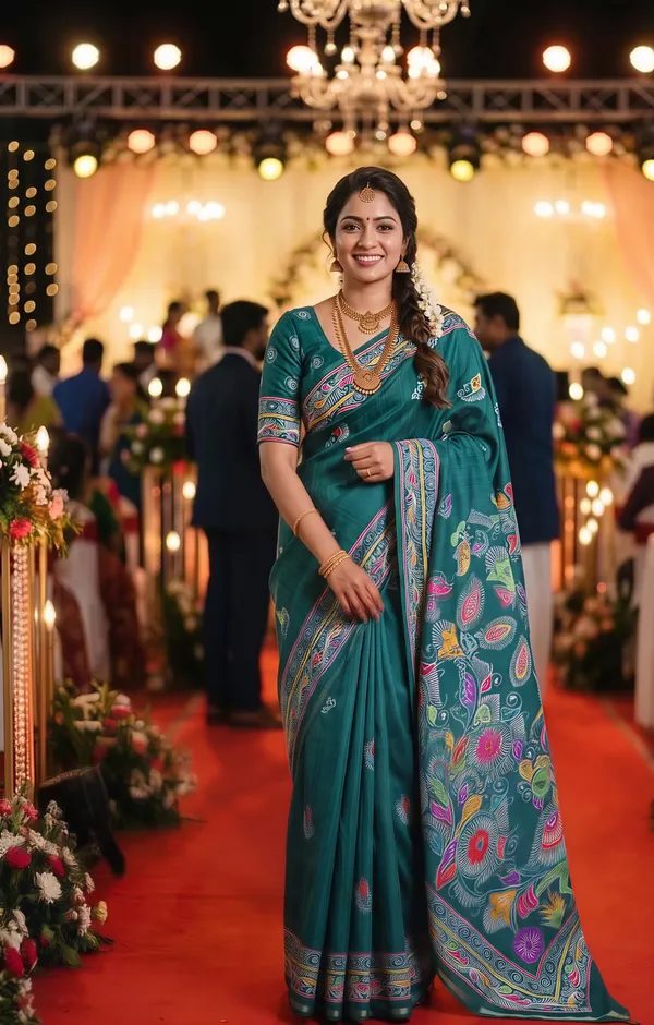 Diya_Rama_Green_–_Lamp_Lit_Diwali_Special_|_Soft_Tussar_Silk_Saree_with_Digital_Print,_Border_&_Contrast_Print_Blouse_with_Tassels