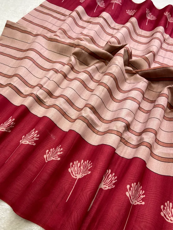 Soft_Tussar_Silk_sarees_with_Beautiful_Digital_Print_With_Attractive_Border_And_Contrast_Print_Blouse_With_Tassels