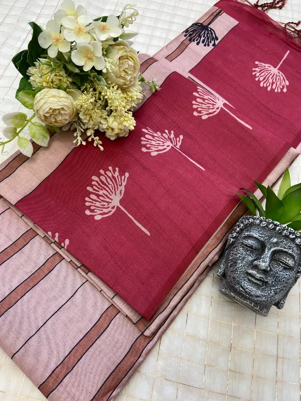 Soft_Tussar_Silk_sarees_with_Beautiful_Digital_Print_With_Attractive_Border_And_Contrast_Print_Blouse_With_Tassels