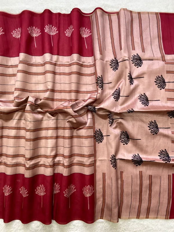 Soft_Tussar_Silk_sarees_with_Beautiful_Digital_Print_With_Attractive_Border_And_Contrast_Print_Blouse_With_Tassels
