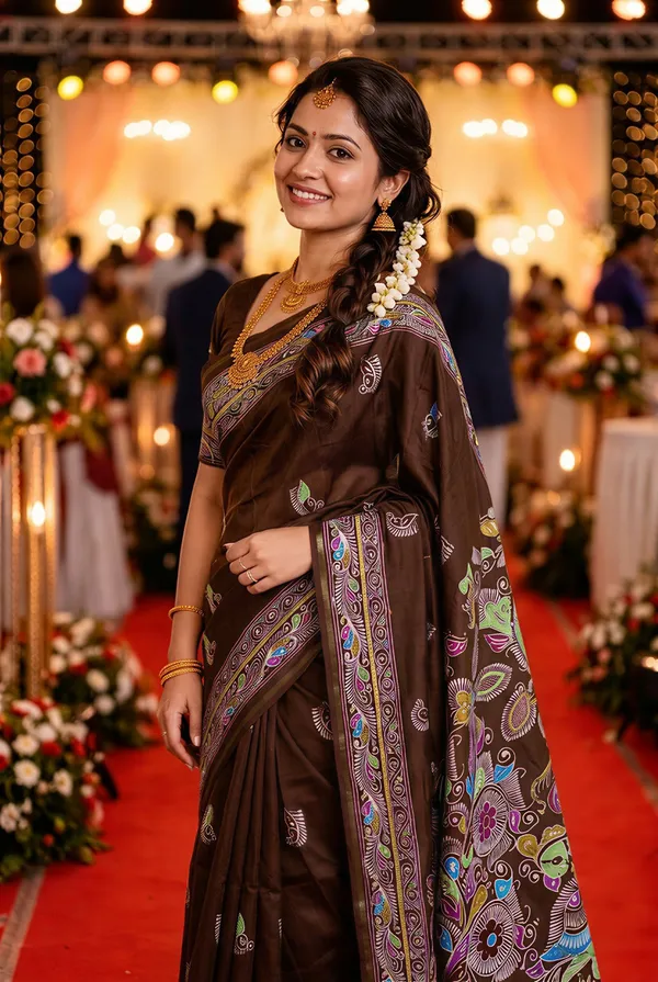 Diya_Coffee_Brown_–_Lamp_Lit_Diwali_Special_|_Soft_Tussar_Silk_Saree_with_Digital_Print,_Border_&_Contrast_Print_Blouse_with_Tassels