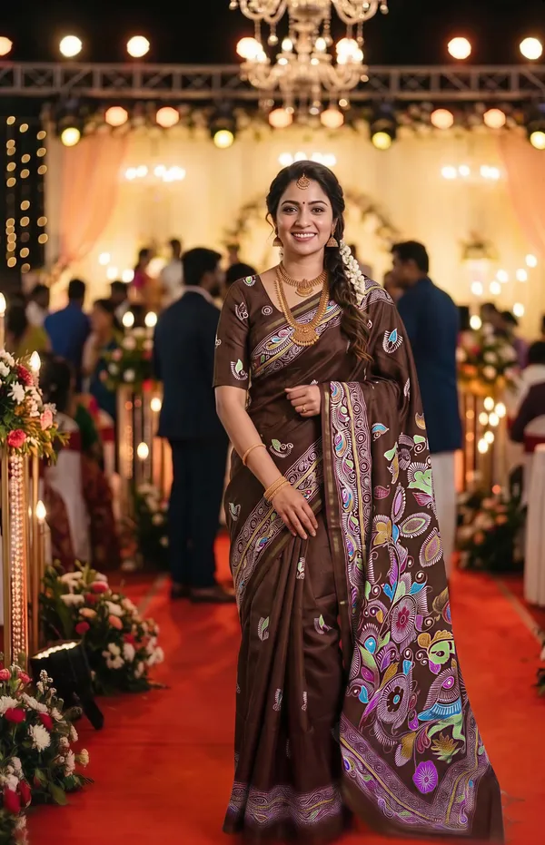 Diya_Coffee_Brown_–_Lamp_Lit_Diwali_Special_|_Soft_Tussar_Silk_Saree_with_Digital_Print,_Border_&_Contrast_Print_Blouse_with_Tassels