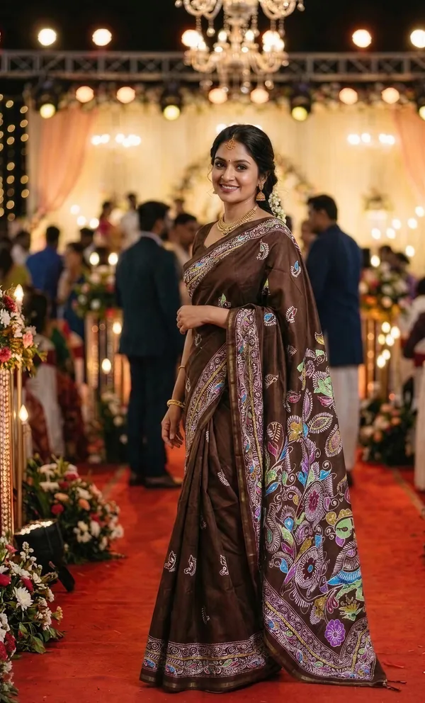 Diya_Coffee_Brown_–_Lamp_Lit_Diwali_Special_|_Soft_Tussar_Silk_Saree_with_Digital_Print,_Border_&_Contrast_Print_Blouse_with_Tassels