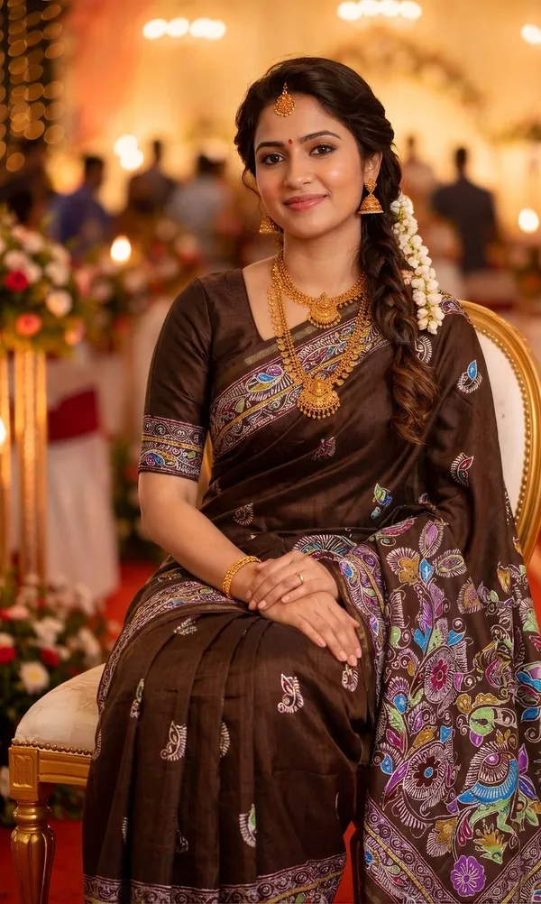 Diya_Coffee_Brown_–_Lamp_Lit_Diwali_Special_|_Soft_Tussar_Silk_Saree_with_Digital_Print,_Border_&_Contrast_Print_Blouse_with_Tassels