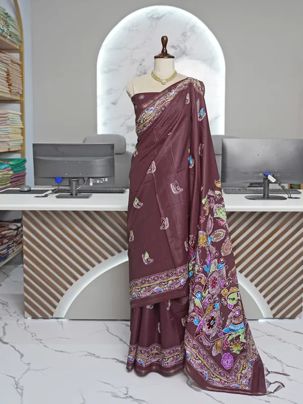 Diya_Coffee_Brown_–_Lamp_Lit_Diwali_Special_|_Soft_Tussar_Silk_Saree_with_Digital_Print,_Border_&_Contrast_Print_Blouse_with_Tassels