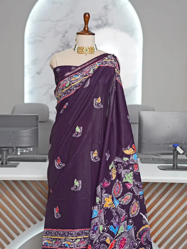 Soft_Tussar_Silk_sarees_with_Beautiful_Digital_Print_With_Attractive_Border_And_Contrast_Print_Blouse_With_Tassels
