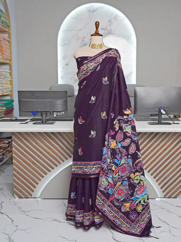 Soft_Tussar_Silk_sarees_with_Beautiful_Digital_Print_With_Attractive_Border_And_Contrast_Print_Blouse_With_Tassels