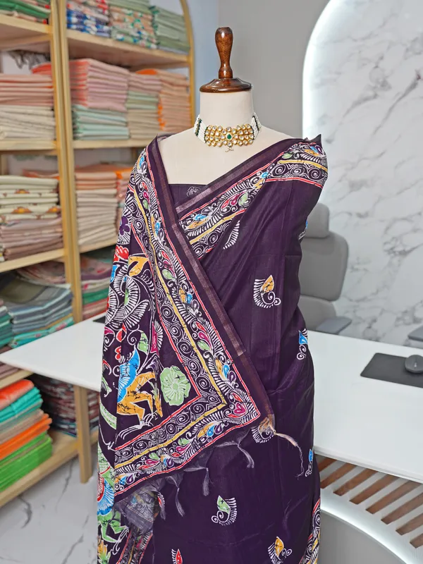 Soft_Tussar_Silk_sarees_with_Beautiful_Digital_Print_With_Attractive_Border_And_Contrast_Print_Blouse_With_Tassels
