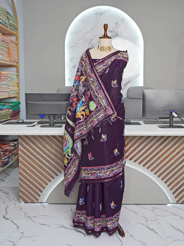 Soft_Tussar_Silk_sarees_with_Beautiful_Digital_Print_With_Attractive_Border_And_Contrast_Print_Blouse_With_Tassels