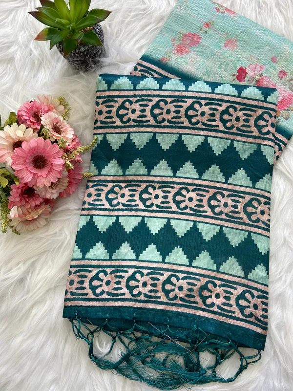 Pahal_Rama_Green_–_Aesthetic_Edit_for_You_|_Soft_Kota_Saree_with_Print,_Pallu_&_Contrast_Print_Blouse_with_Tassels