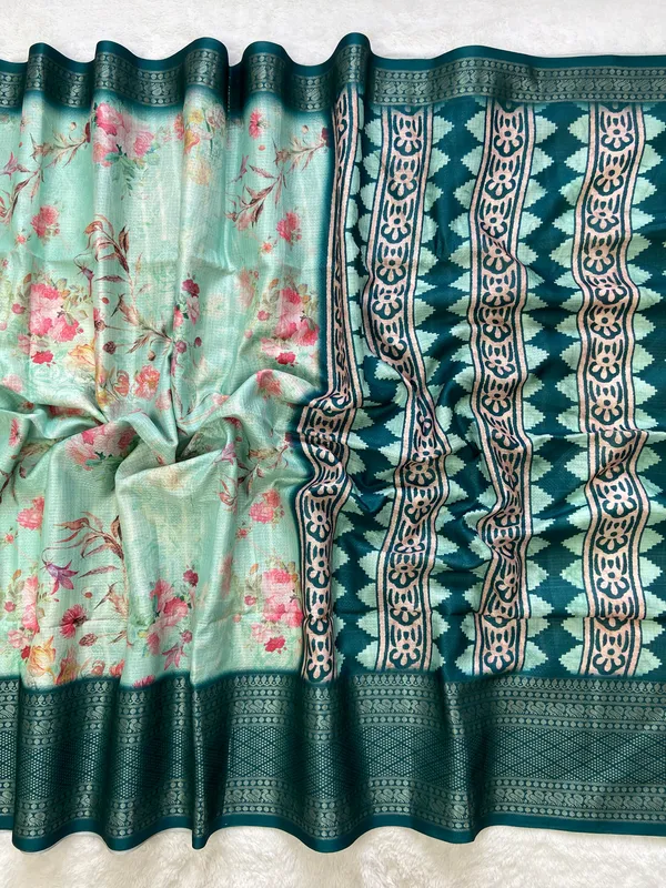 Pahal_Rama_Green_–_Aesthetic_Edit_for_You_|_Soft_Kota_Saree_with_Print,_Pallu_&_Contrast_Print_Blouse_with_Tassels