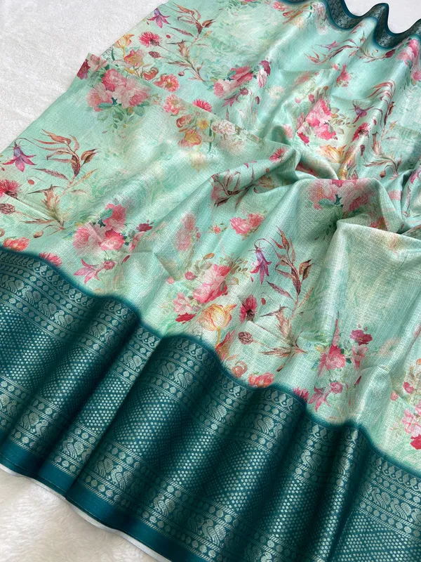 Pahal_Rama_Green_–_Aesthetic_Edit_for_You_|_Soft_Kota_Saree_with_Print,_Pallu_&_Contrast_Print_Blouse_with_Tassels