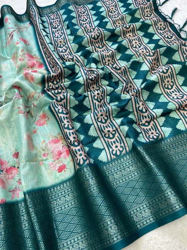 Pahal_Rama_Green_–_Aesthetic_Edit_for_You_|_Soft_Kota_Saree_with_Print,_Pallu_&_Contrast_Print_Blouse_with_Tassels