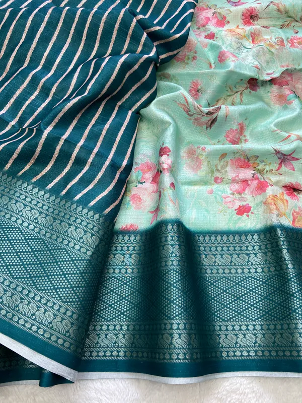 Pahal_Rama_Green_–_Aesthetic_Edit_for_You_|_Soft_Kota_Saree_with_Print,_Pallu_&_Contrast_Print_Blouse_with_Tassels