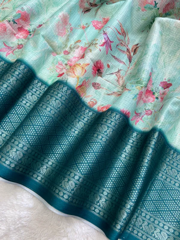 Pahal_Rama_Green_–_Aesthetic_Edit_for_You_|_Soft_Kota_Saree_with_Print,_Pallu_&_Contrast_Print_Blouse_with_Tassels