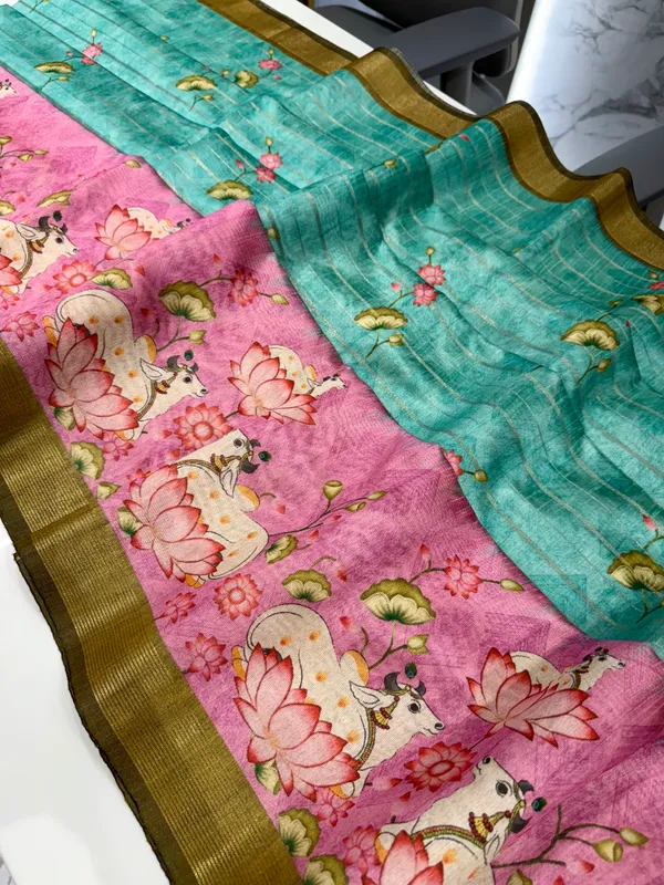 Soft_Semi_Tussar_Silk_sarees_with_Beautiful_Digital_Print_With_Attractive_Border_And_Contrast_Print_Blouse_With_Tassels