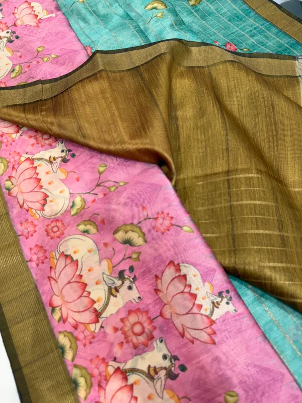Soft_Semi_Tussar_Silk_sarees_with_Beautiful_Digital_Print_With_Attractive_Border_And_Contrast_Print_Blouse_With_Tassels