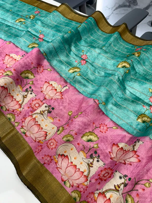 Soft_Semi_Tussar_Silk_sarees_with_Beautiful_Digital_Print_With_Attractive_Border_And_Contrast_Print_Blouse_With_Tassels