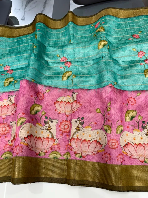Soft_Semi_Tussar_Silk_sarees_with_Beautiful_Digital_Print_With_Attractive_Border_And_Contrast_Print_Blouse_With_Tassels