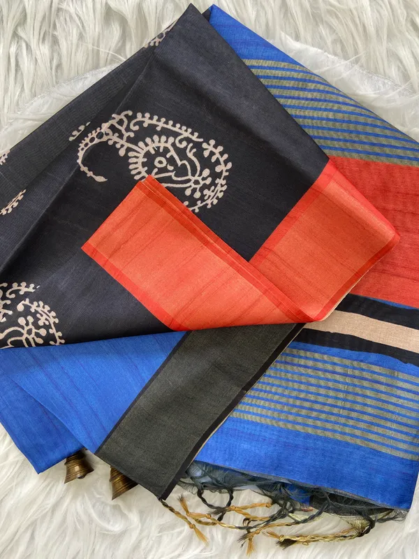 Chaitali_Blue_–_Navratri_Special_|_Soft_Tussar_Silk_Saree_with_Print,_Border_&_Contrast_Print_Blouse_with_Tassels