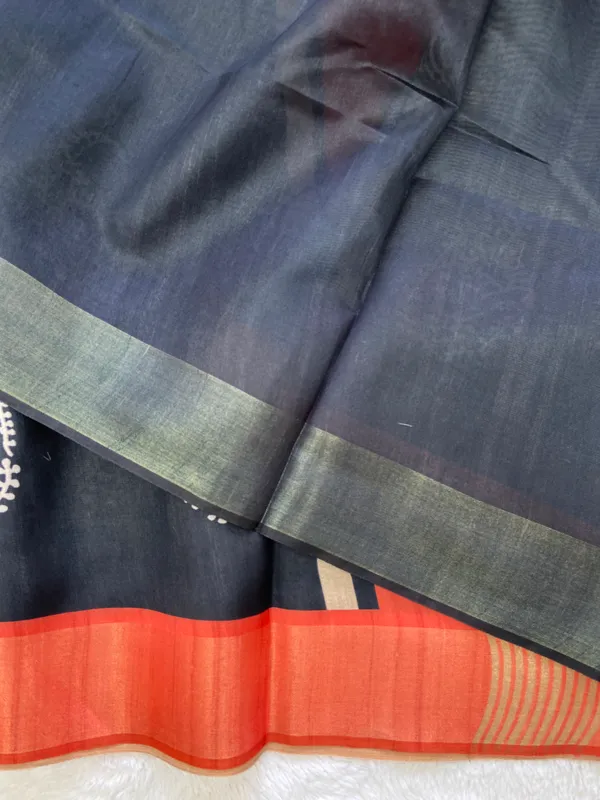 Chaitali_Blue_–_Navratri_Special_|_Soft_Tussar_Silk_Saree_with_Print,_Border_&_Contrast_Print_Blouse_with_Tassels