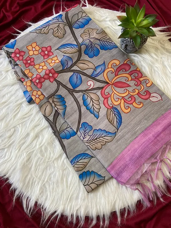 Soft_Tussar_Silk_sarees_with_Beautiful_Digital_Print_With_Attractive_Border_And_Contrast_Print_Blouse_With_Tassels