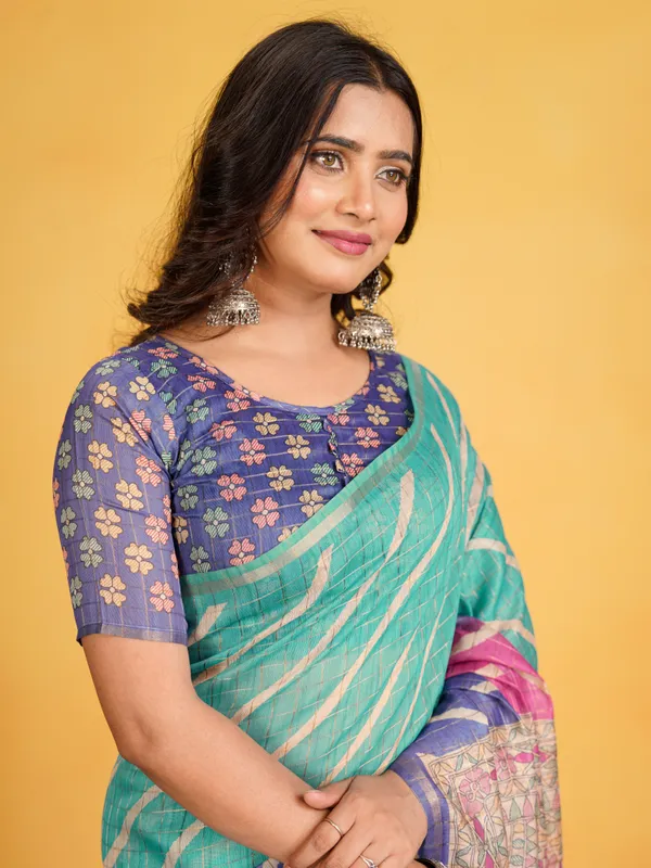 Jemisha_Blue_&_Rama_Green_–_Festive_Season_Special_|_Soft_Semi_Tussar_Silk_Saree_with_Digital_Print,_Border_&_Contrast_Print_Blouse_with_Tassels
