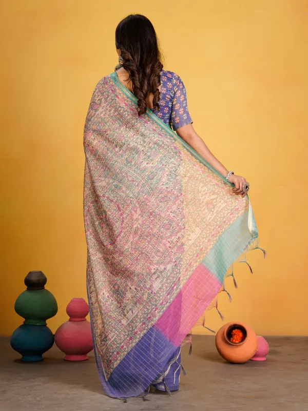 Jemisha_Blue_&_Rama_Green_–_Festive_Season_Special_|_Soft_Semi_Tussar_Silk_Saree_with_Digital_Print,_Border_&_Contrast_Print_Blouse_with_Tassels