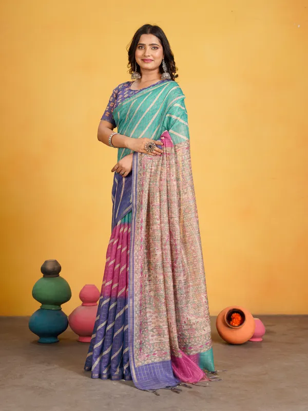 Jemisha_Blue_&_Rama_Green_–_Festive_Season_Special_|_Soft_Semi_Tussar_Silk_Saree_with_Digital_Print,_Border_&_Contrast_Print_Blouse_with_Tassels