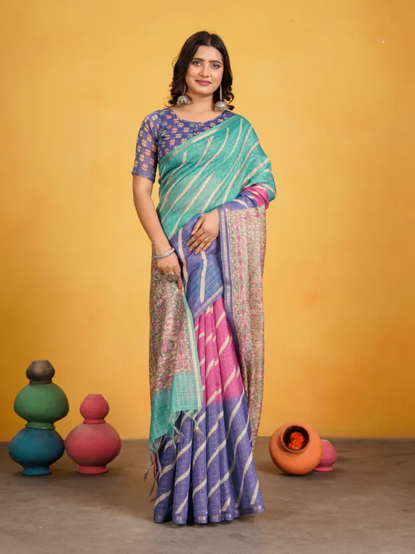 Jemisha_Blue_&_Rama_Green_–_Festive_Season_Special_|_Soft_Semi_Tussar_Silk_Saree_with_Digital_Print,_Border_&_Contrast_Print_Blouse_with_Tassels