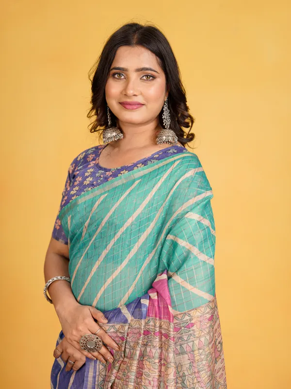 Jemisha_Blue_&_Rama_Green_–_Festive_Season_Special_|_Soft_Semi_Tussar_Silk_Saree_with_Digital_Print,_Border_&_Contrast_Print_Blouse_with_Tassels