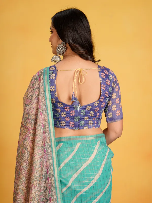 Jemisha_Blue_&_Rama_Green_–_Festive_Season_Special_|_Soft_Semi_Tussar_Silk_Saree_with_Digital_Print,_Border_&_Contrast_Print_Blouse_with_Tassels